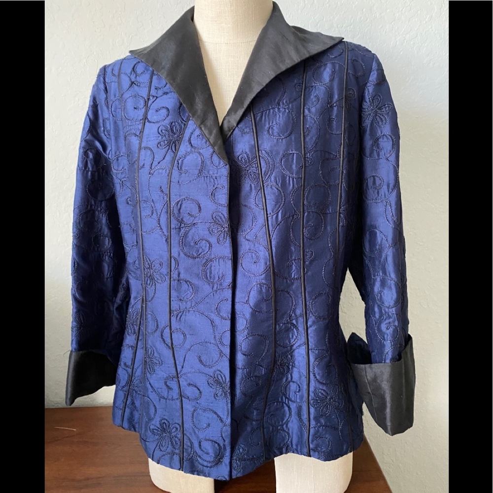St. John Blue and Black Embroidered Silk Blend Blazer